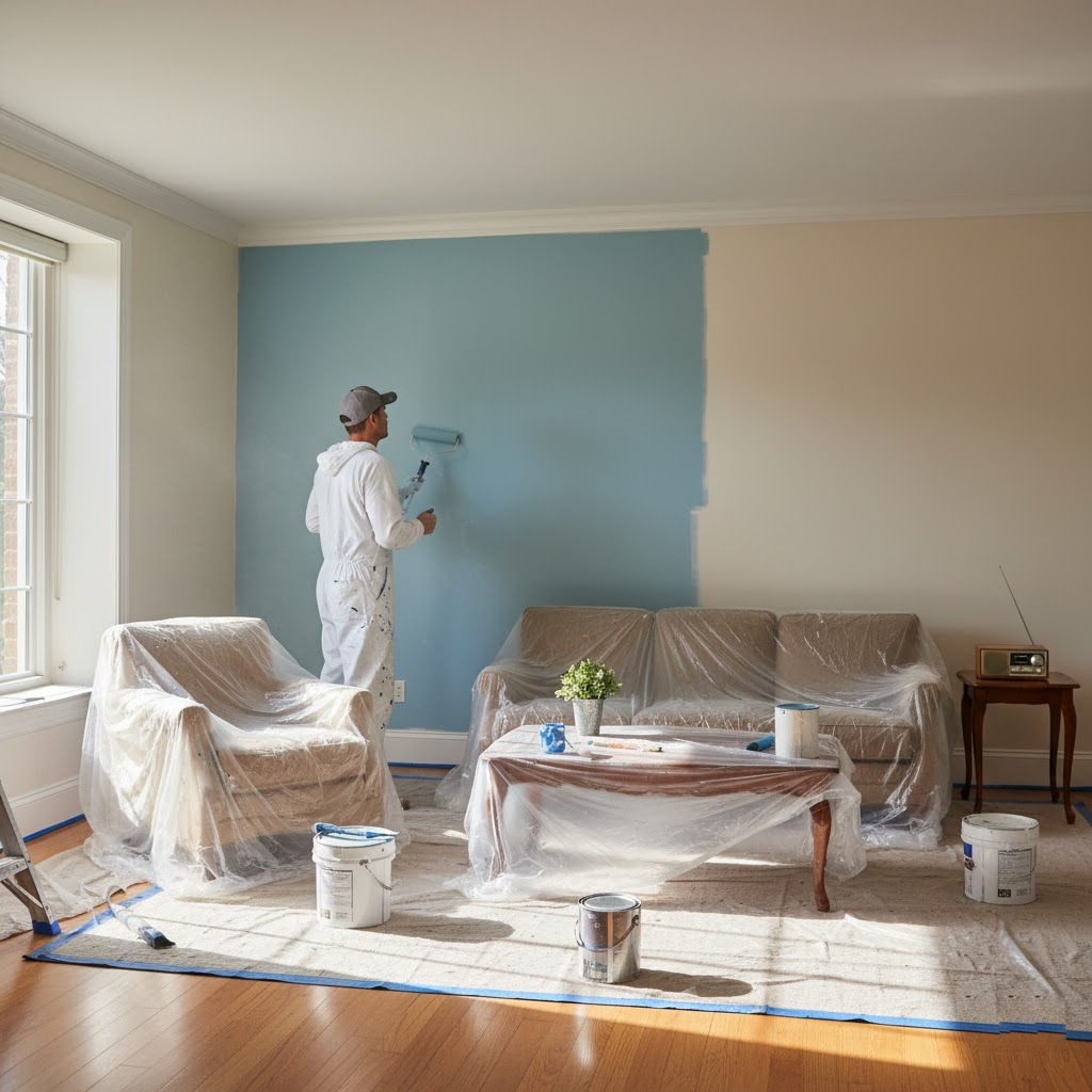 Peinture int\u00e9rieure salon avec murs bleus \u00e0 Montpellier