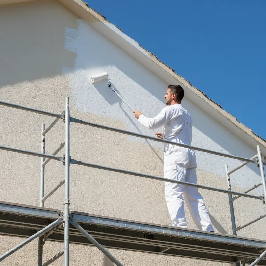 Peintre en b\u00e2timent \u00e0 Montpellier travaillant sur une fa\u00e7ade